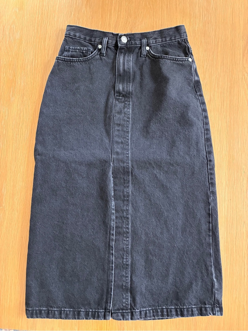 Mango-Black-Denim-Midi-Skirt-Front Slit-Casual-Fall-Summer-Size S